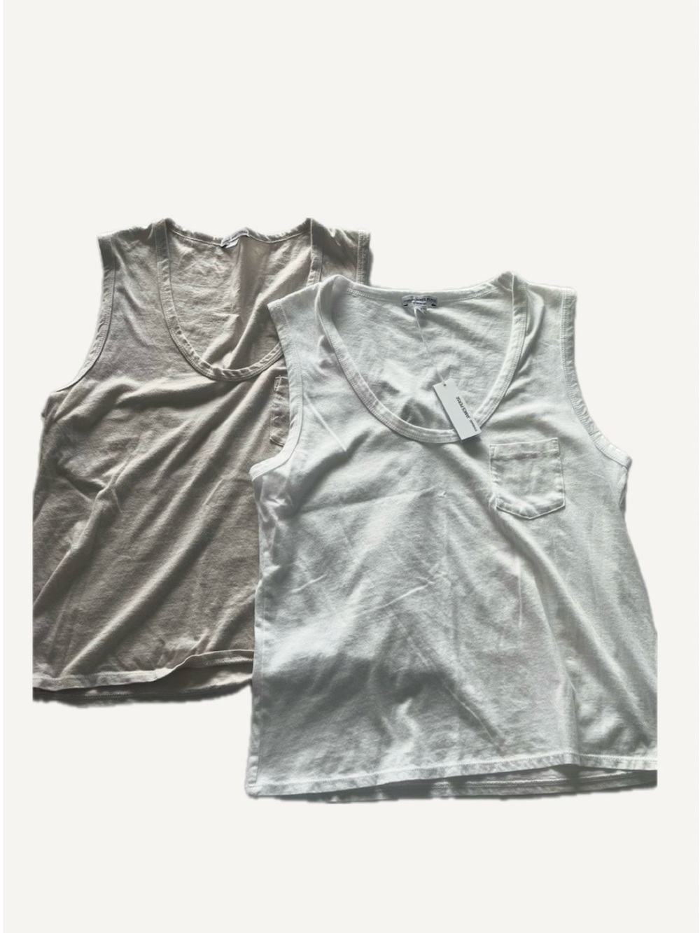 Set of 2 Sleeveless Pocket Tanks - White and Light Taupe